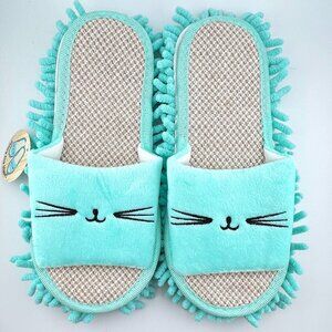 NWT Kitty Face Turquoise Blue Mop Slippers Cat Lady One Size